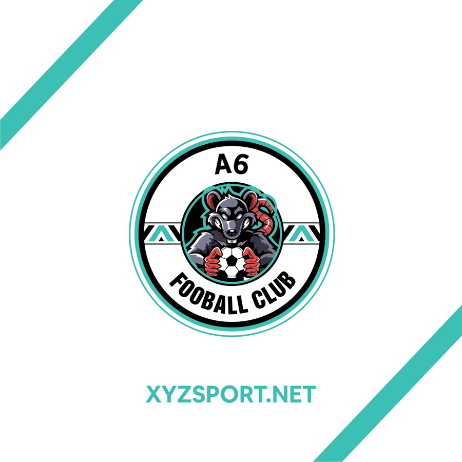 Logo CLB A6 Football Club màu teal linh vật chuột ôm bóng