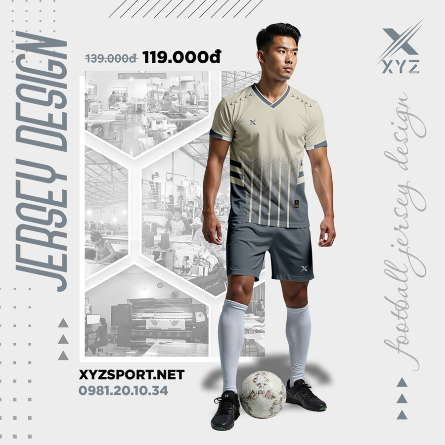Áo bóng đá XYZ kem phối xám