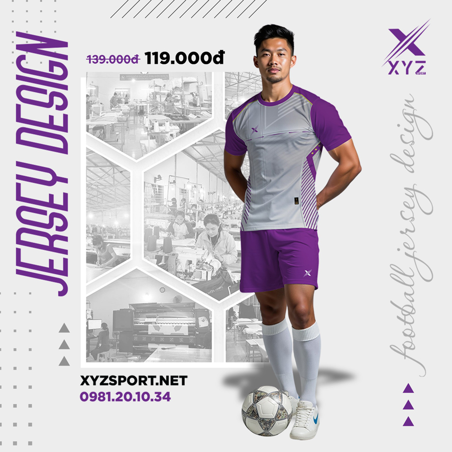 Áo bóng đá XYZ – Thiết kế xám bạc phối tím đậm