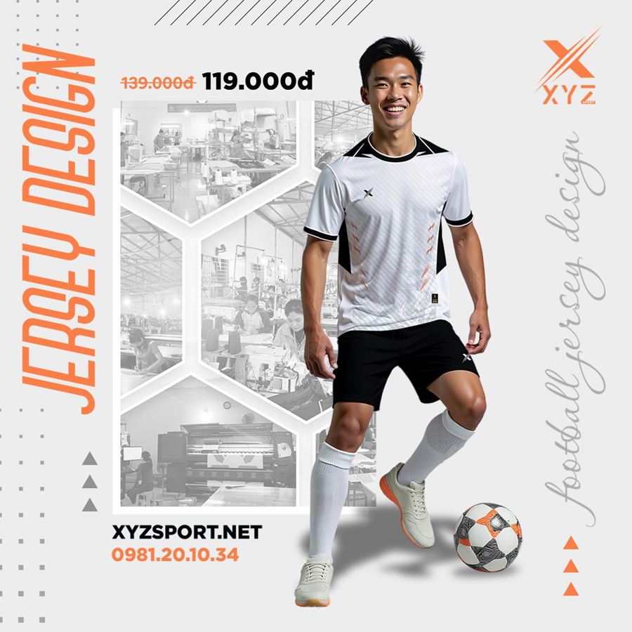 Áo bóng đá trắng đen XYZ – Slim-fit, thời trang và tiện dụng