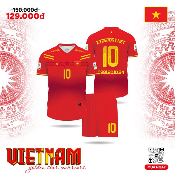 Áo Bóng Đá Việt Nam Màu Đỏ Tươi - Thiết Kế Chiến Binh Sao Vàng