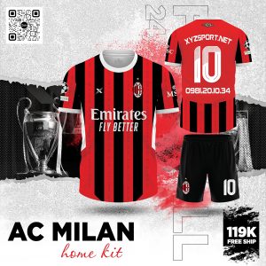 Quần Áo Đấu AC Milan Sân Nhà Màu Đỏ Đen Chính Hãng