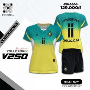Mẫu Áo Bóng Chuyền V250 Màu Xanh NgọcPhối  Vàng Năng Động